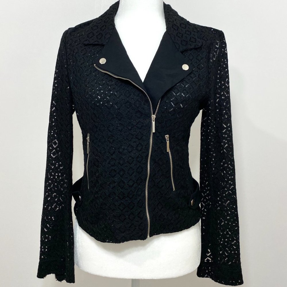 ZARA Mesh Lace Asymmetric Zipper Moto Jacket Black